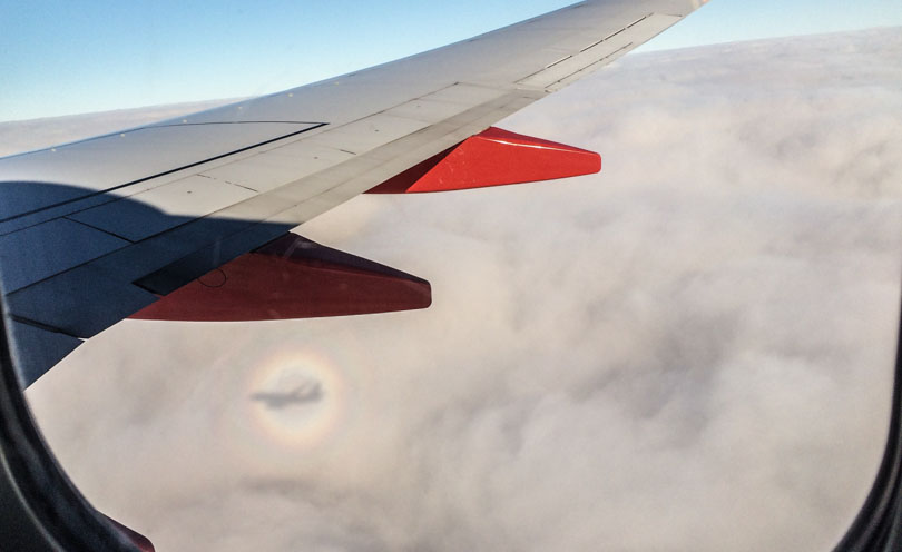 The shadow of our plane in the clouds wrapped around a circular rainbow
